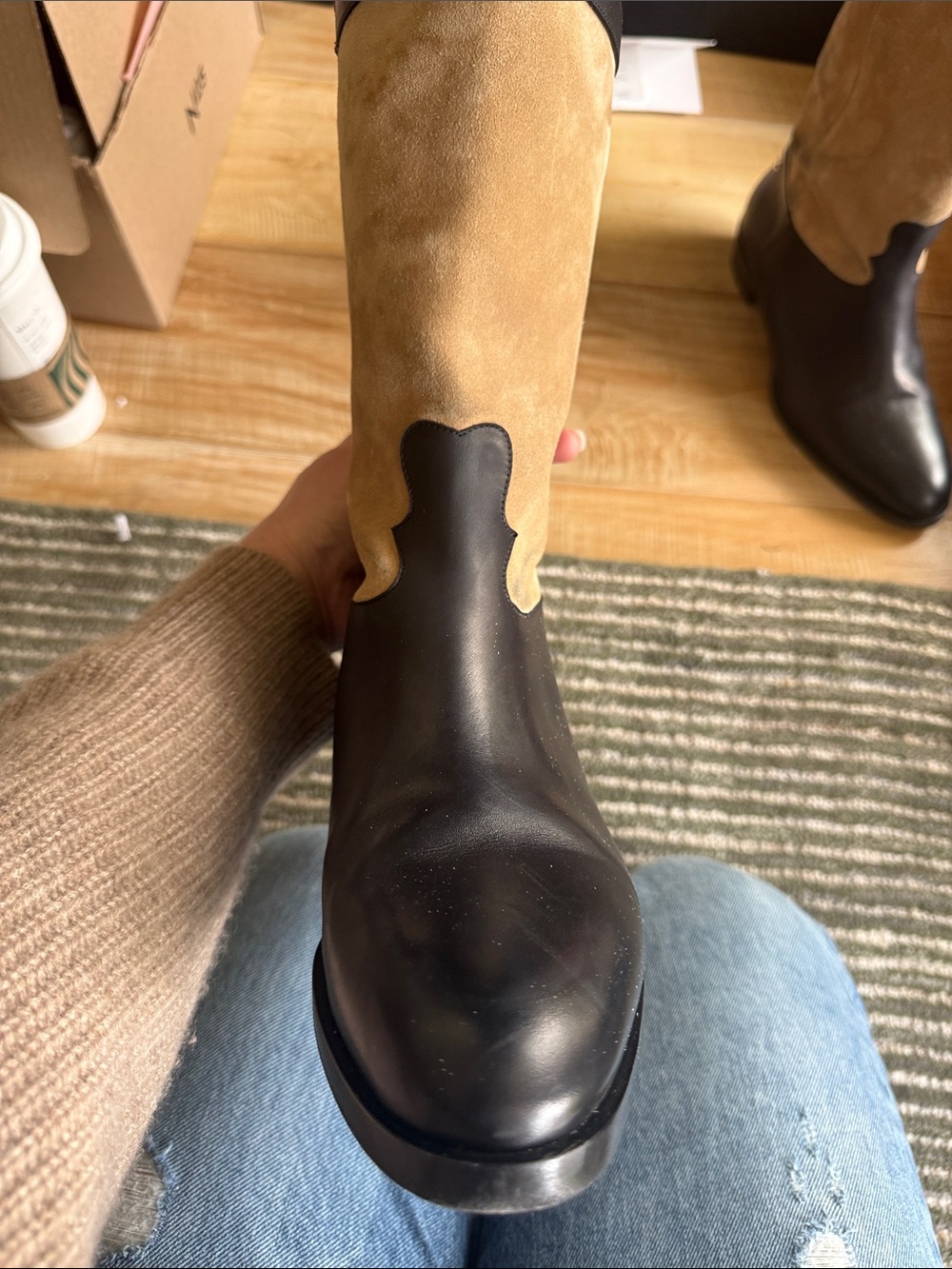 CHANEL Two-Tone Black Leather and Beige Suede Mid-Calf Lace-Up Boots - Picture 11 of 14